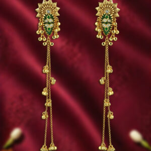 Kashmiri earrings with emerald green stone & long chains & ghungroos