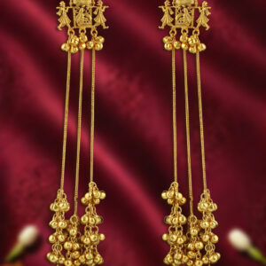 Brass gold Kashmiri earrings with cascading chains & ghungroos