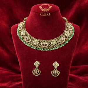 Victorian necklace set with moissanite polki & emerald green stones