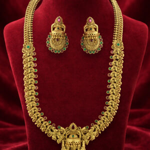 Antique gold plated multi-colored gemstones studded temple necklace set