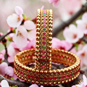Antique gold kada with red & green stones