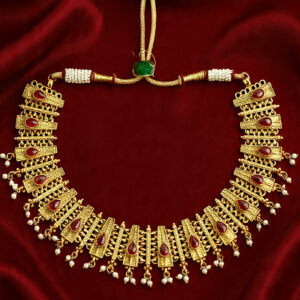 Copper gold necklace set with red stone